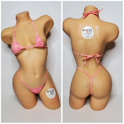 Baby Pink Lace *VERY SHEER* w Baby Pink Trim Bikini 2 Piece Set One Size-1