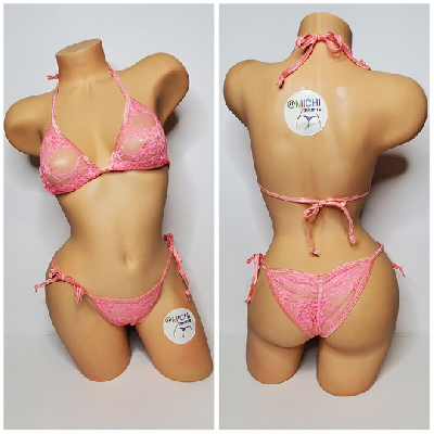 Baby Pink Lace *VERY SHEER* w Baby Pink Trim Bikini 2 Piece Set One Size-2