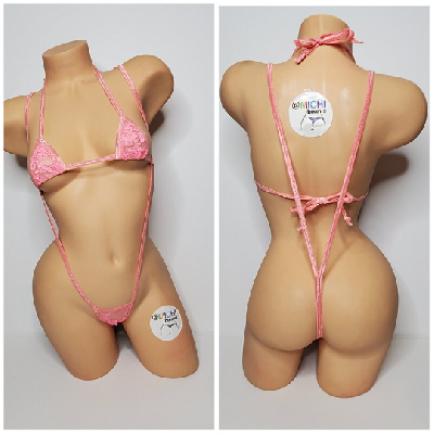Baby Pink Lace *VERY SHEER* w Baby Pink Trim Bikini 2 Piece Set One Size-3