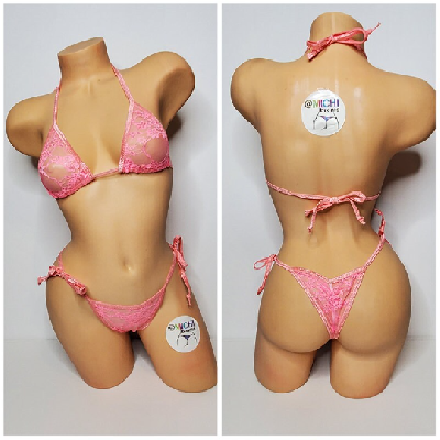Baby Pink Lace *VERY SHEER* w Baby Pink Trim Bikini 2 Piece Set One Size-5