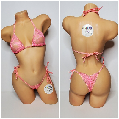 Baby Pink Lace *VERY SHEER* w Baby Pink Trim Bikini 2 Piece Set One Size-6