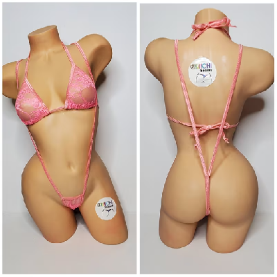 Baby Pink Lace *VERY SHEER* w Baby Pink Trim Bikini 2 Piece Set One Size-7