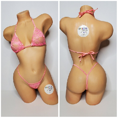 Baby Pink Lace *VERY SHEER* w Baby Pink Trim Bikini 2 Piece Set One Size-8