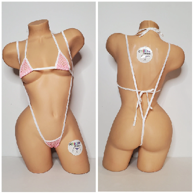 Baby Pink Large Hole Fishnet *VERY SHEER* with White Trim Bikini Set-1