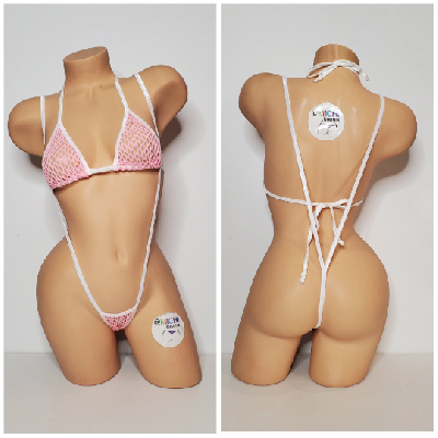 Baby Pink Large Hole Fishnet *VERY SHEER* with White Trim Bikini Set-2