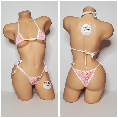 Baby Pink Large Hole Fishnet *VERY SHEER* with White Trim Bikini Set-4