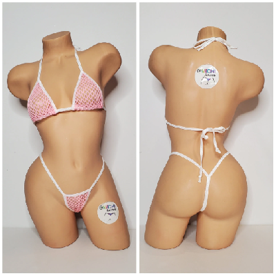 Baby Pink Large Hole Fishnet *VERY SHEER* with White Trim Bikini Set-6