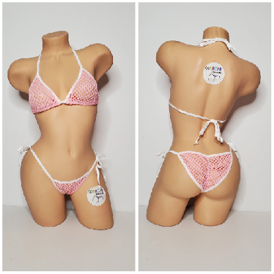 Baby Pink Large Hole Fishnet *VERY SHEER* with White Trim Bikini Set-7