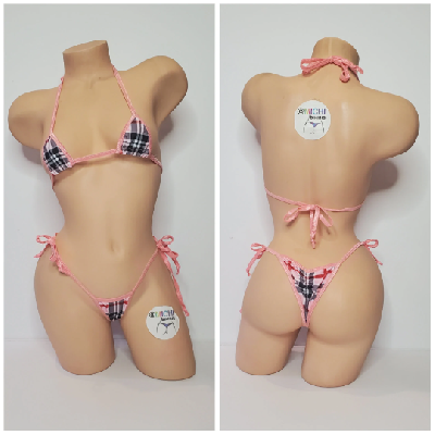 Baby Pink Plaid w/ Baby Pink Trim 2 Piece Micro String Bikini Set One Size-0