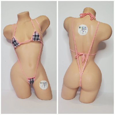 Baby Pink Plaid w/ Baby Pink Trim 2 Piece Micro String Bikini Set One Size-1