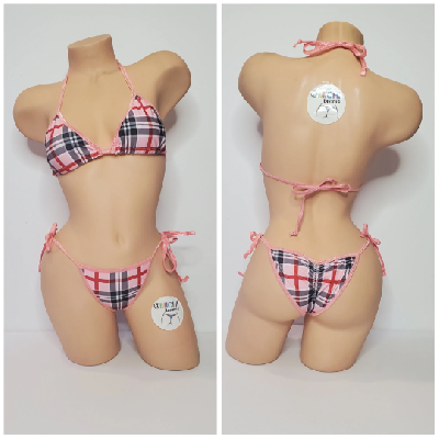 Baby Pink Plaid w/ Baby Pink Trim 2 Piece Micro String Bikini Set One Size-2