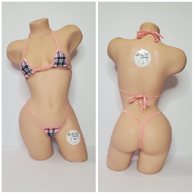 Baby Pink Plaid w/ Baby Pink Trim 2 Piece Micro String Bikini Set One Size-3
