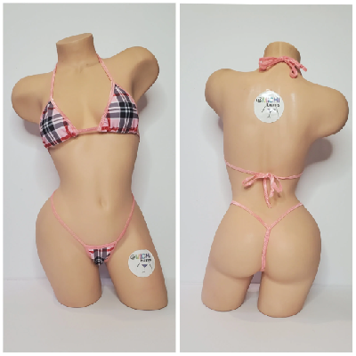 Baby Pink Plaid w/ Baby Pink Trim 2 Piece Micro String Bikini Set One Size-4