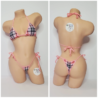 Baby Pink Plaid w/ Baby Pink Trim 2 Piece Micro String Bikini Set One Size-5
