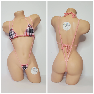 Baby Pink Plaid w/ Baby Pink Trim 2 Piece Micro String Bikini Set One Size-6