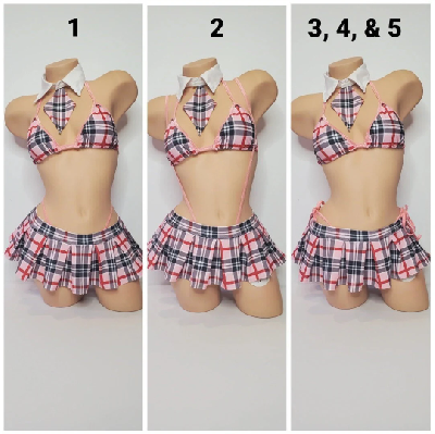 Baby Pink Plaid w/ Baby Pink Trim Sexy School Girl Pleaded Skirt 5 Piece Set