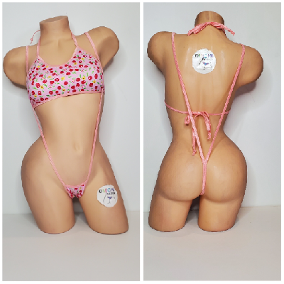 Baby Pink w/ Cherry Pattern with Baby Pink Trim Micro Bikini Set One Size-2
