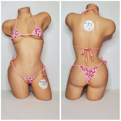 Baby Pink w/ Cherry Pattern with Baby Pink Trim Micro Bikini Set One Size-3