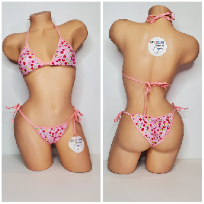 Baby Pink w/ Cherry Pattern with Baby Pink Trim Micro Bikini Set One Size-4