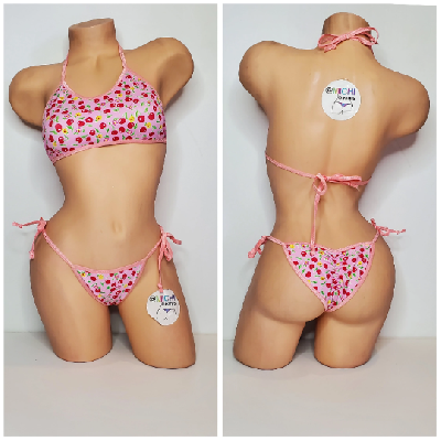 Baby Pink w/ Cherry Pattern with Baby Pink Trim Micro Bikini Set One Size-6
