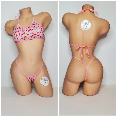 Baby Pink w/ Cherry Pattern with Baby Pink Trim Micro Bikini Set One Size-7