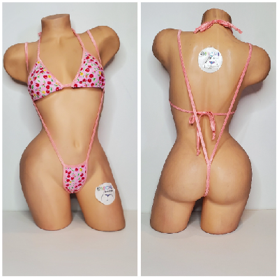 Baby Pink w/ Cherry Pattern with Baby Pink Trim Micro Bikini Set One Size-9