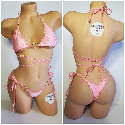 Baby Pink with Baby Pink Trim with Gold Hearts Hardware 2 Piece Micro String Bikini Set One Size-0