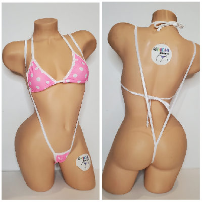 Baby Pink with White Polka Dots with White Trim 2 Piece Micro Bikini Set-0
