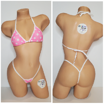 Baby Pink with White Polka Dots with White Trim 2 Piece Micro Bikini Set-1