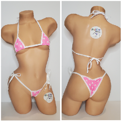 Baby Pink with White Polka Dots with White Trim 2 Piece Micro Bikini Set-2