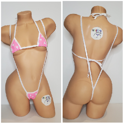 Baby Pink with White Polka Dots with White Trim 2 Piece Micro Bikini Set-3