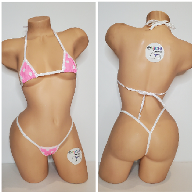 Baby Pink with White Polka Dots with White Trim 2 Piece Micro Bikini Set-4
