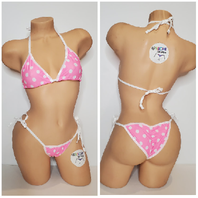 Baby Pink with White Polka Dots with White Trim 2 Piece Micro Bikini Set-5