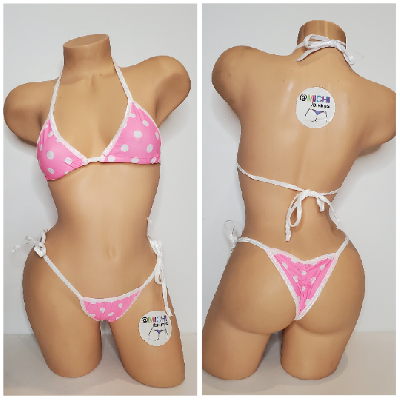 Baby Pink with White Polka Dots with White Trim 2 Piece Micro Bikini Set-6