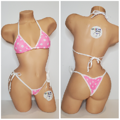 Baby Pink with White Polka Dots with White Trim 2 Piece Micro Bikini Set-7