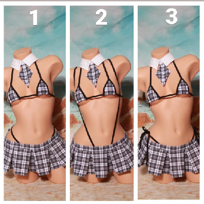 Black & Grey Plaid w/ Black Trim Sexy School Girl Costume Pleaded Skirt 5 Piece Set-0