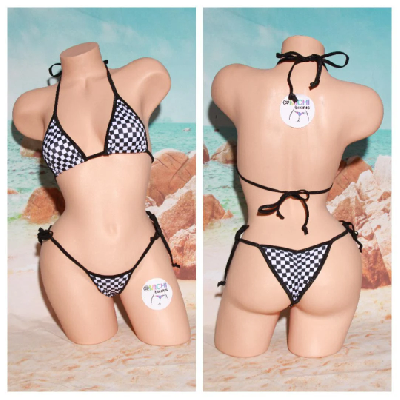 Black & White Checker Pattern w Black Trim  2 Piece Micro String Bikini Set One Size-6