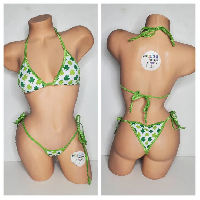 White with Green Shamrock Pattern w Lime Green Trim  2 Piece Micro String Bikini Set One Size-0