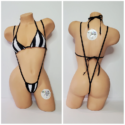 Black and White Vertical Striped with Your Choice Trim Color 2 Piece Micro Bikini Set-0