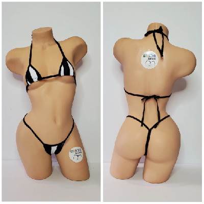 Black and White Vertical Striped with Your Choice Trim Color 2 Piece Micro Bikini Set-1