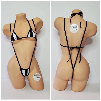 Black and White Vertical Striped with Your Choice Trim Color 2 Piece Micro Bikini Set-2
