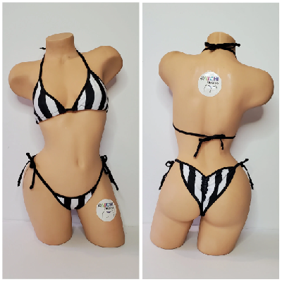 Black and White Vertical Striped with Your Choice Trim Color 2 Piece Micro Bikini Set-3