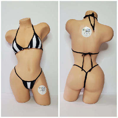 Black and White Vertical Striped with Your Choice Trim Color 2 Piece Micro Bikini Set-4