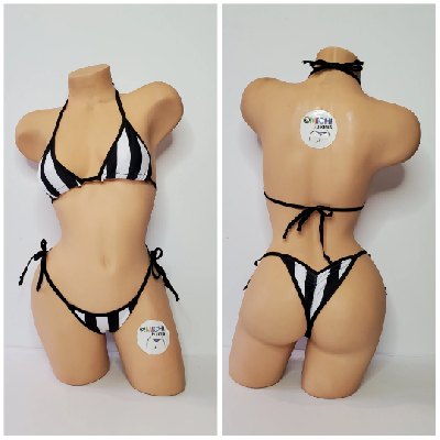 Black and White Vertical Striped with Your Choice Trim Color 2 Piece Micro Bikini Set-5