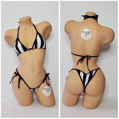 Black and White Vertical Striped with Your Choice Trim Color 2 Piece Micro Bikini Set-6