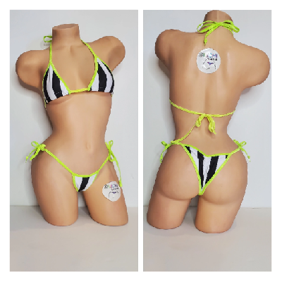 Black and White Vertical Striped with Your Choice Trim Color 2 Piece Micro Bikini Set-9