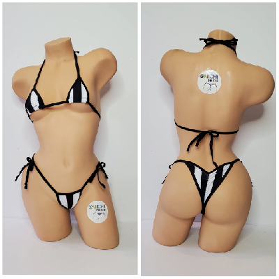 Black and White Vertical Striped with Your Choice Trim Color 2 Piece Micro Bikini Set-11