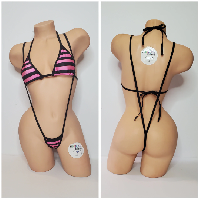 Black and Pink Striped with Black Trim 2 Piece Micro Bikini Set-0