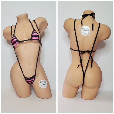 Black and Pink Striped with Black Trim 2 Piece Micro Bikini Set-1