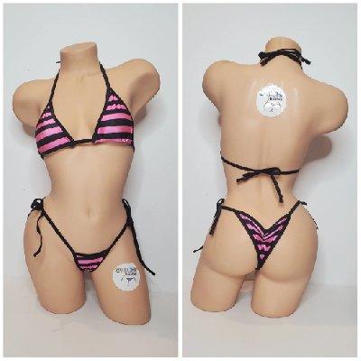 Black and Pink Striped with Black Trim 2 Piece Micro Bikini Set-2